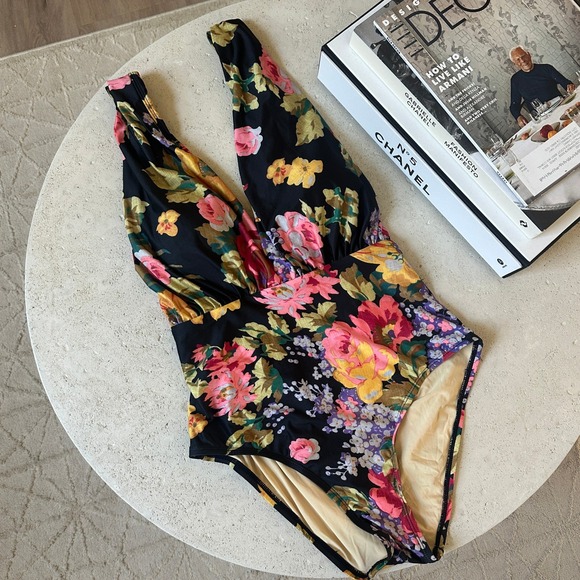 Anthropologie Allihop Black Floral Zinnia Plunge One Piece Swimsuit Boho L - Picture 5 of 9
